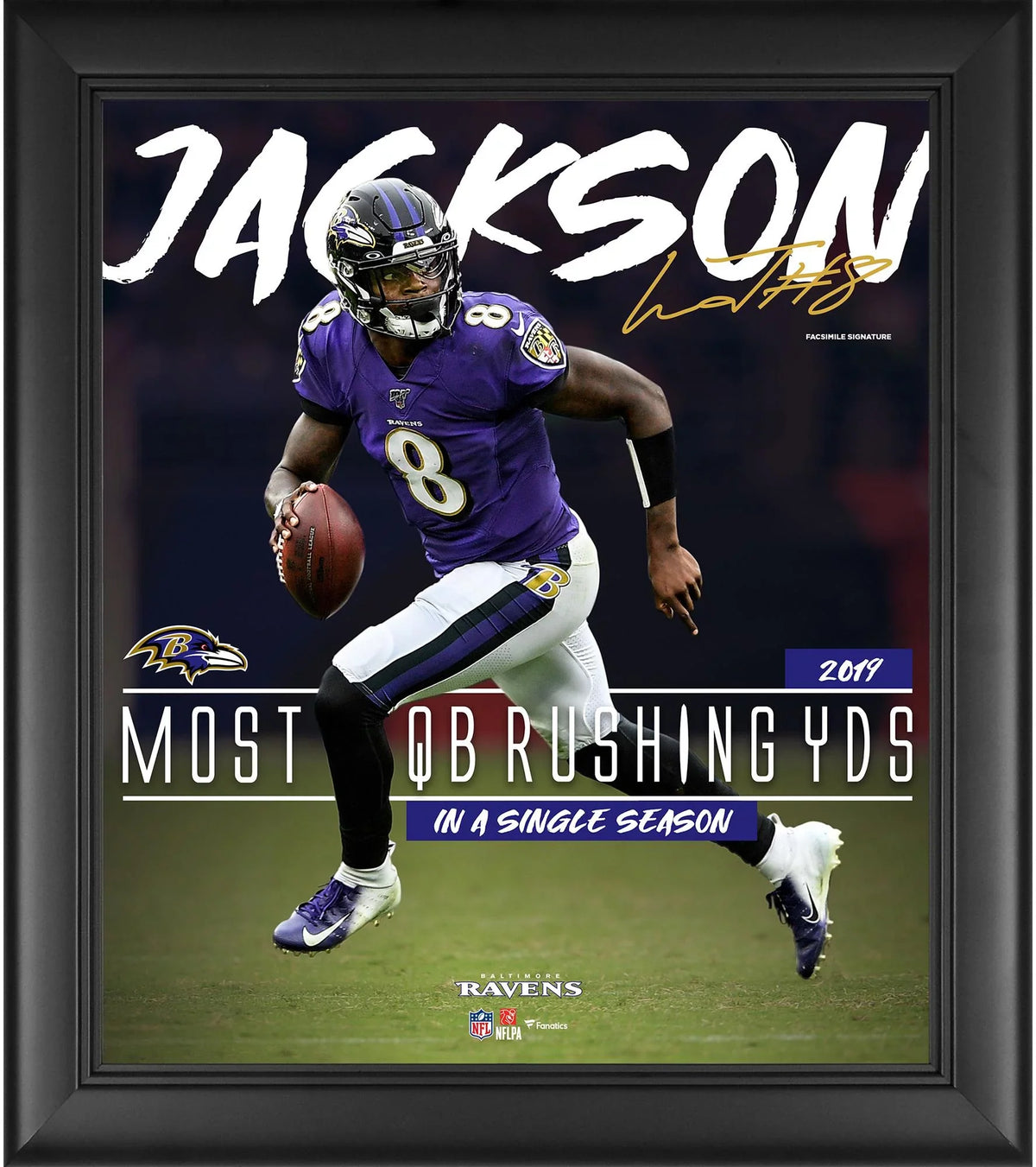 17" Yards Collage Jackson Lamar x Framed Single Quarterback Season Rushing Record 15"