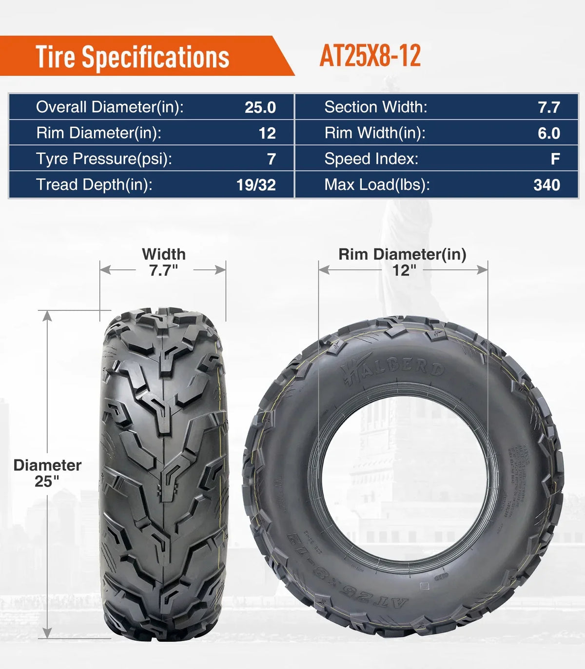 6PR Set 4 Tire Trail Front Rear Sand Tires All of ATV/UTV & Terrain 25x8-12 Road 25x10-12 off HALBERD
